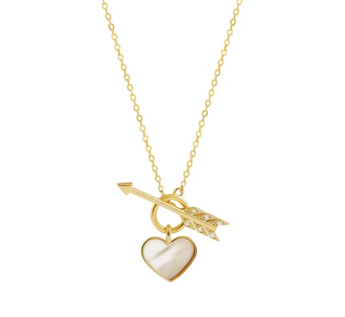 Gold necklace with mother of pearl heart and diamante arrow