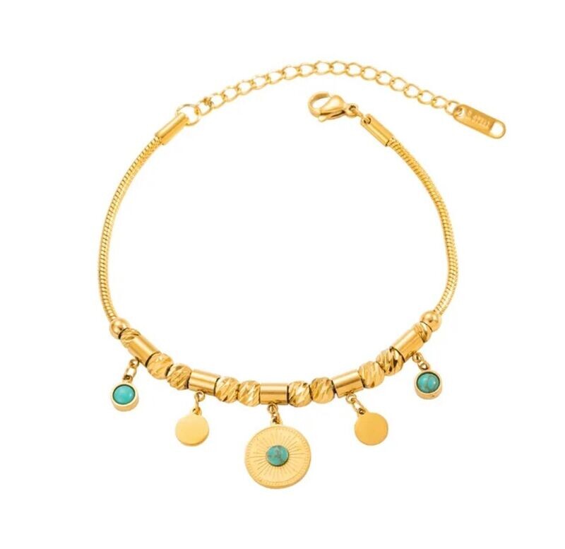 Gold bracelet with gold discs & turquoise stones