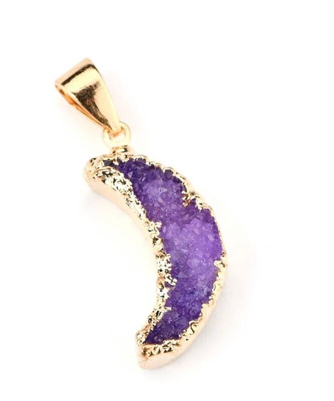 Purple Druzy crescent moon pendant