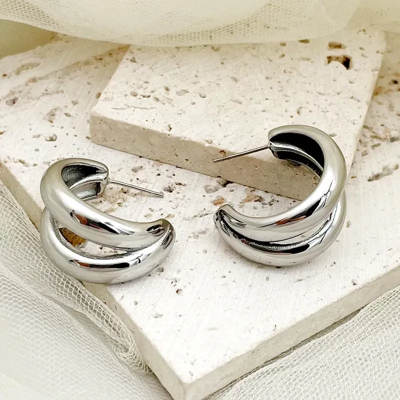 Chunky Double Silver Hoops