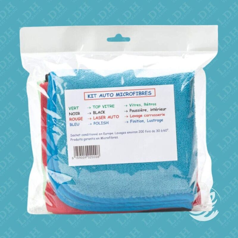 Kit microfibres pour Auto ( Polish + Laser Auto rouge + black + top vitre vert )