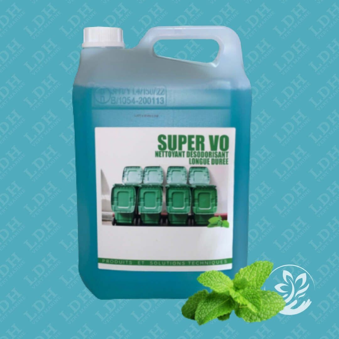 Détergent bactéricide fongicide SUPER VO - Bidon 5L menthe eucalyptus superbe rémanence les parkings souterrains , WC publics, marchés et zones piétonnes locaux vides ordures lavage conteneurs urine