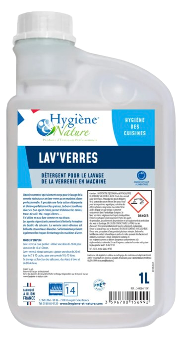 LAV’VERRES – Détergent liquide chloré lave-verres professionnel toutes eaux