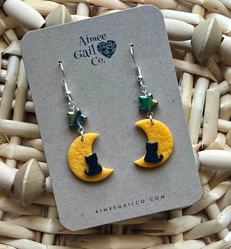 Moon &amp; Cat Silhouette Dangle Earrings