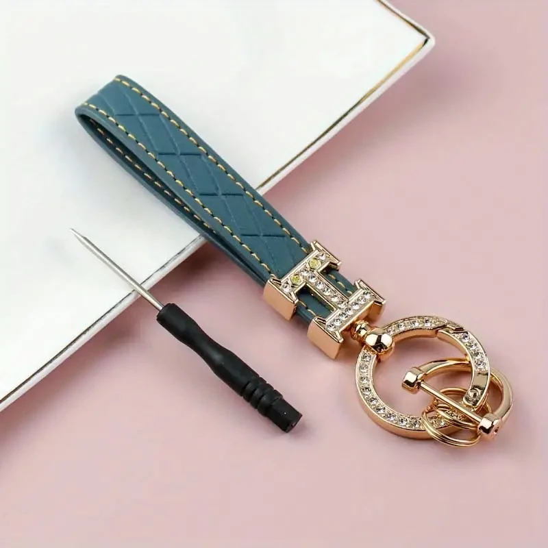 Teal Leather Rhinestone Lanyard/Keychain
