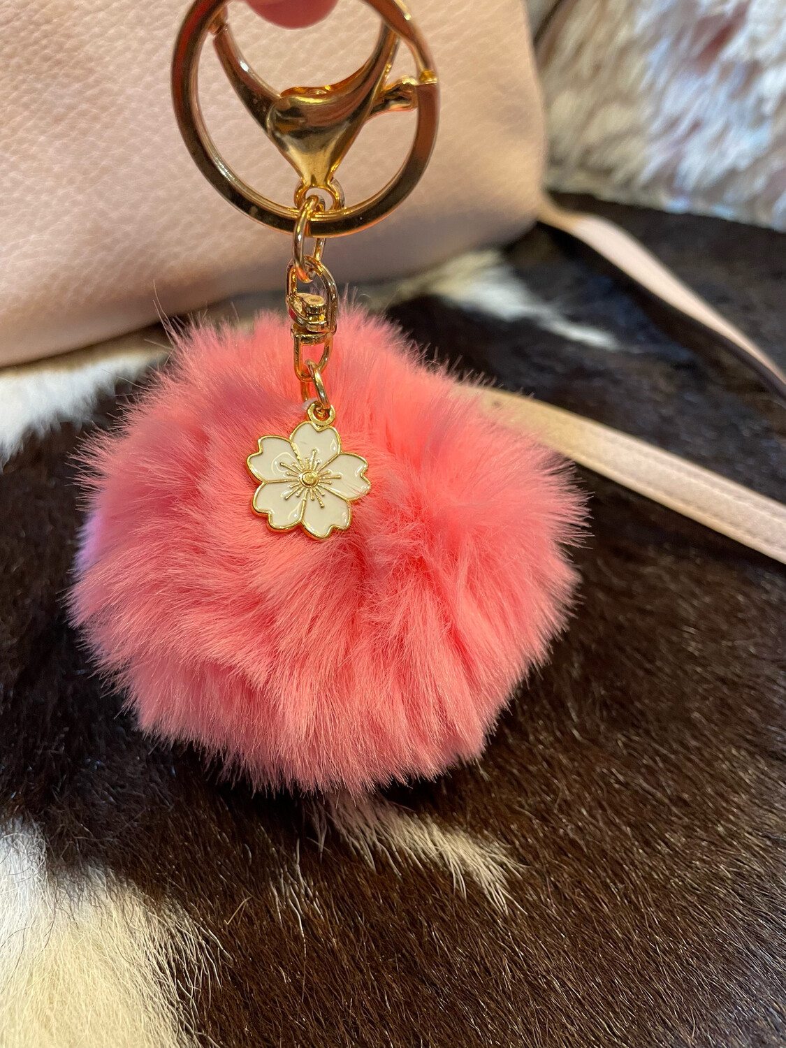 Flamingo Pink Pretty Puff With Flower Purse Charm/Keychain