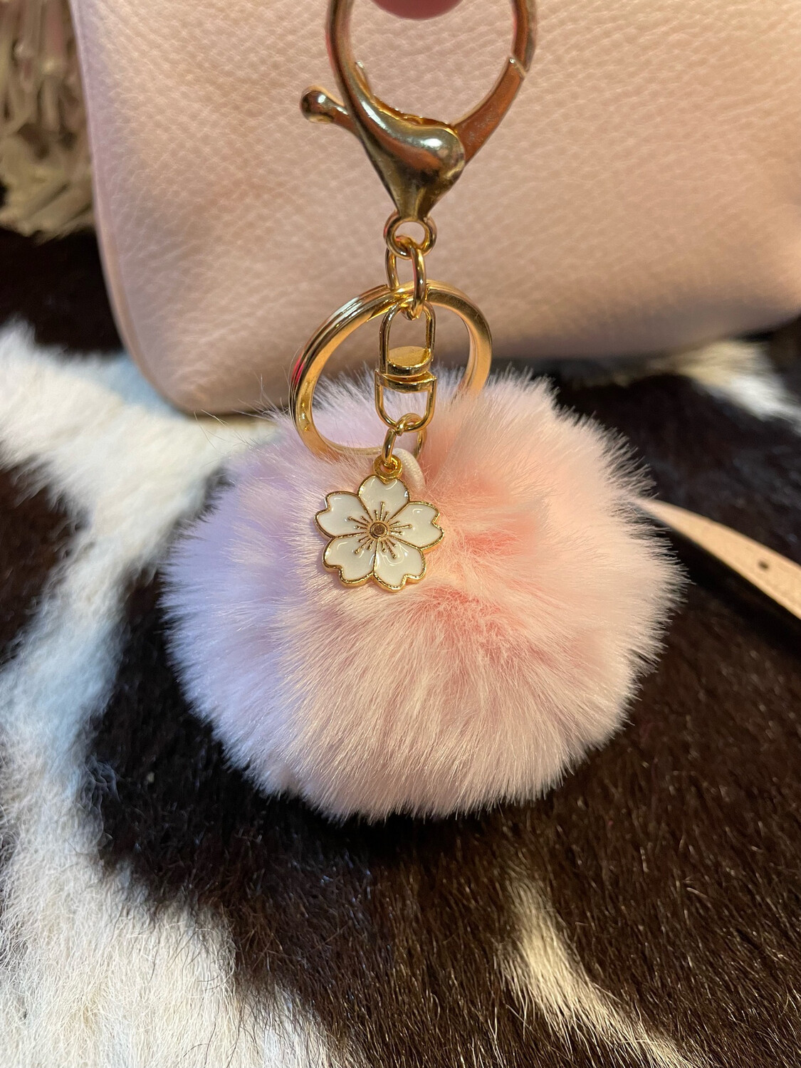 Baby Pink Pretty Puff With Flower Purse Charm/Keychain