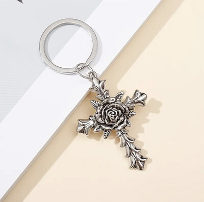Cross With Rose Keychain