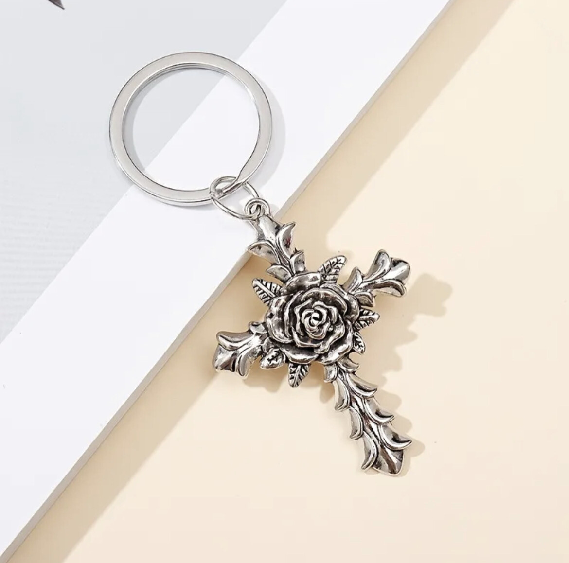 Cross With Rose Keychain