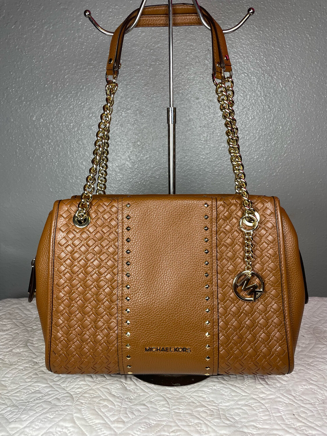 Michael Kors Brown Studded Woven Leather with Gold Chain Tote