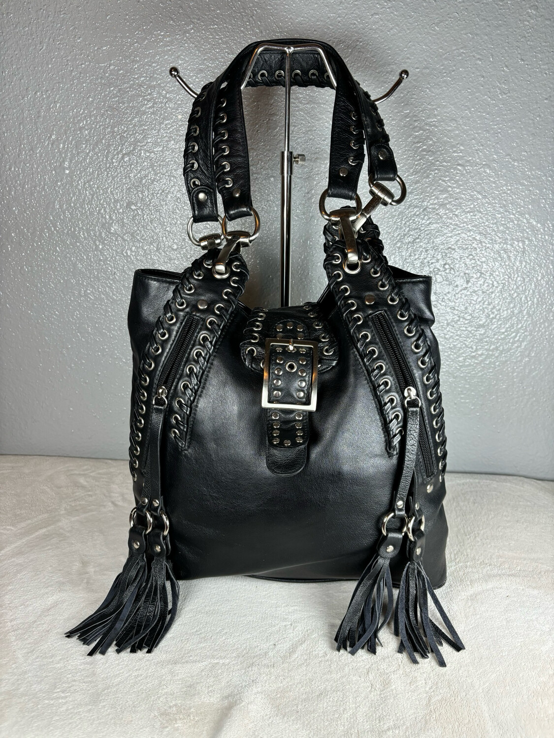 Isabella Fiore Black Leather/Fabric Large Print Studded Shoulder bag –  Clotheshorse Consignment Boutique