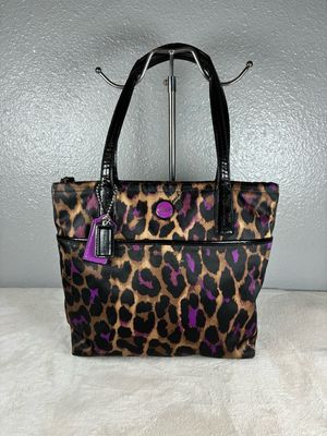 Coach Brown and Purple Leopard Ocelot Sateen Tote