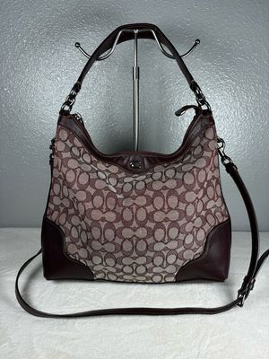 Coach Ivy Burgundy Jacquard Signature with Leather Trim Crossbody/Hobo Bag (some wear on corners)
