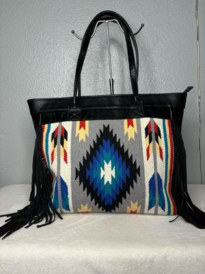 ECOTE Bleu Black Leather and Sarape Fringe Tote