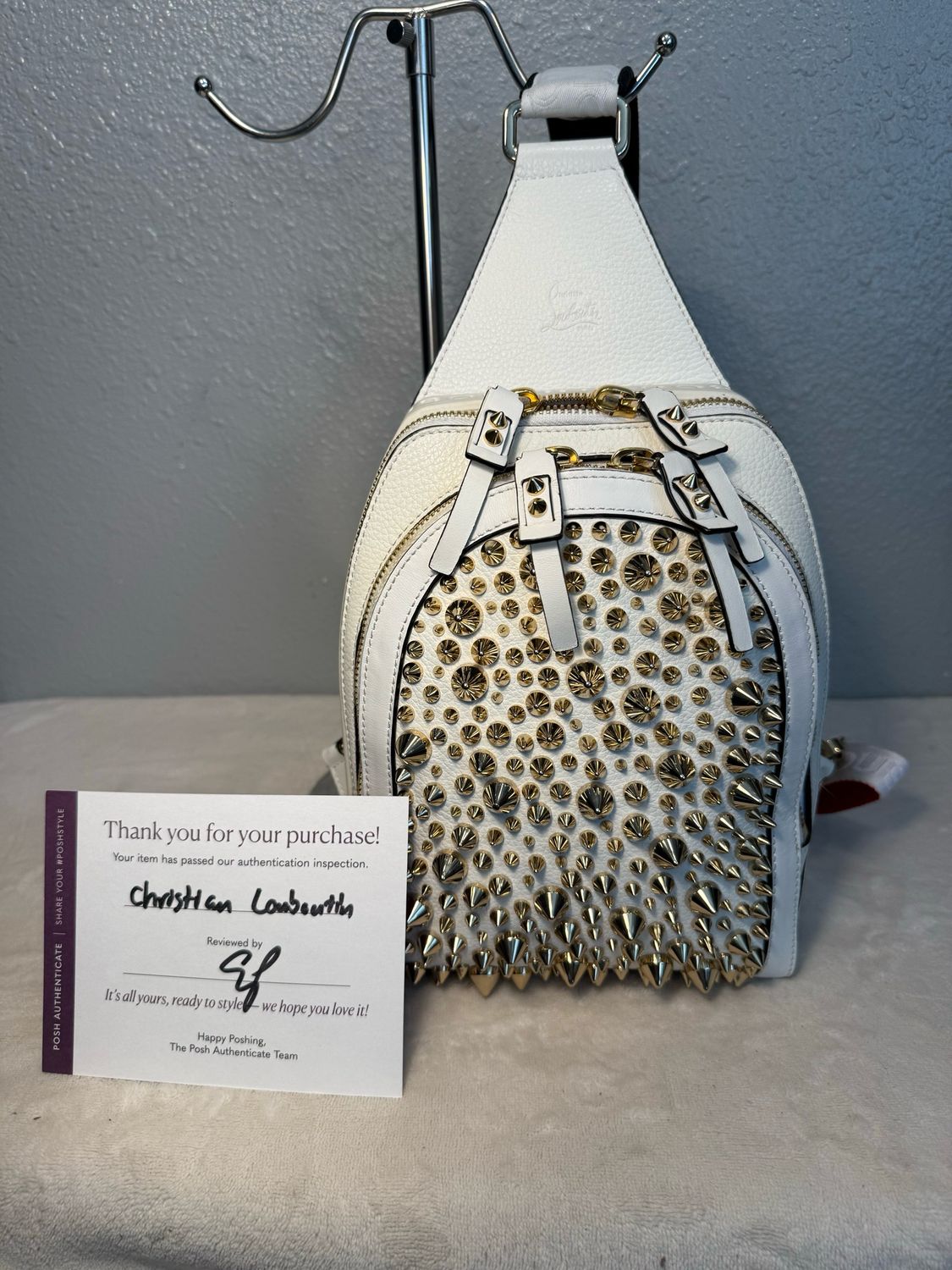 AUTHENTIC Christian Louboutin Embossed White Studded Leather Loubifunk Sling