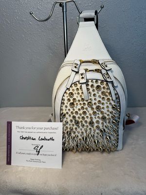 AUTHENTIC Christian Louboutin Embossed White Studded Leather Loubifunk Sling
