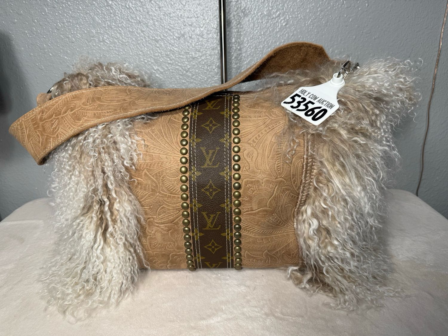 Holy Cow Couture Large Leather Designer W Tibetan Lambs Wool And Authentic Louis Vuitton Accent