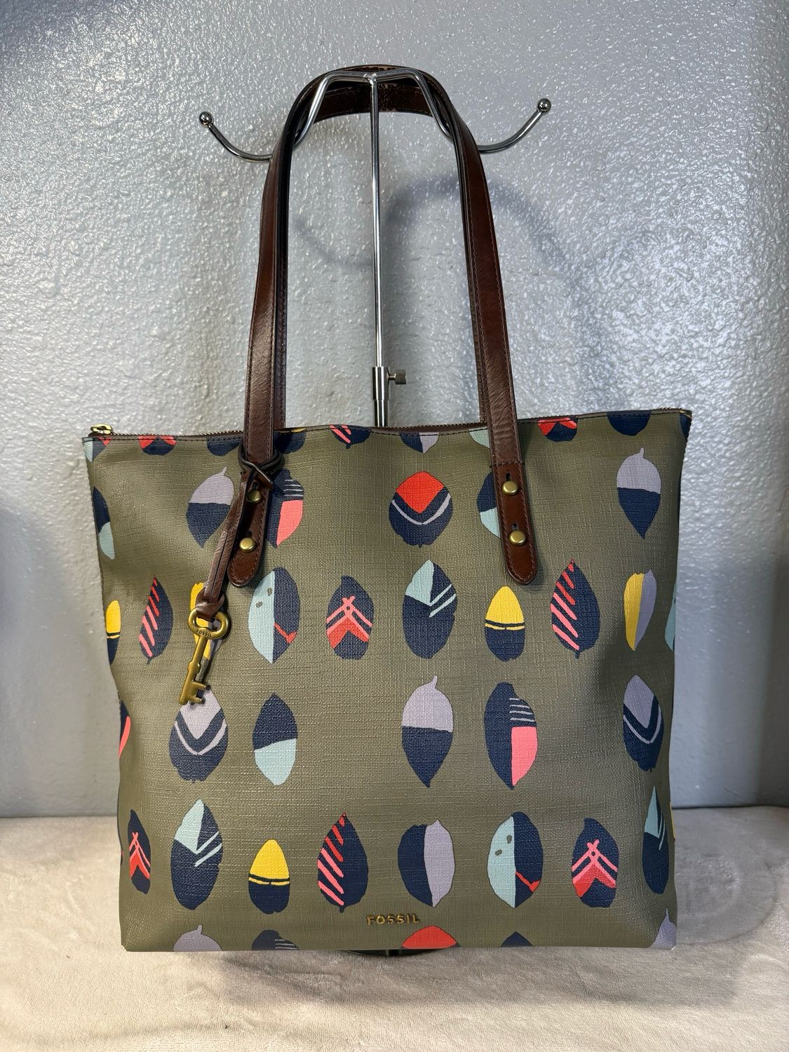 Fossil Olive Feather Coated Canvas And Leather Tote