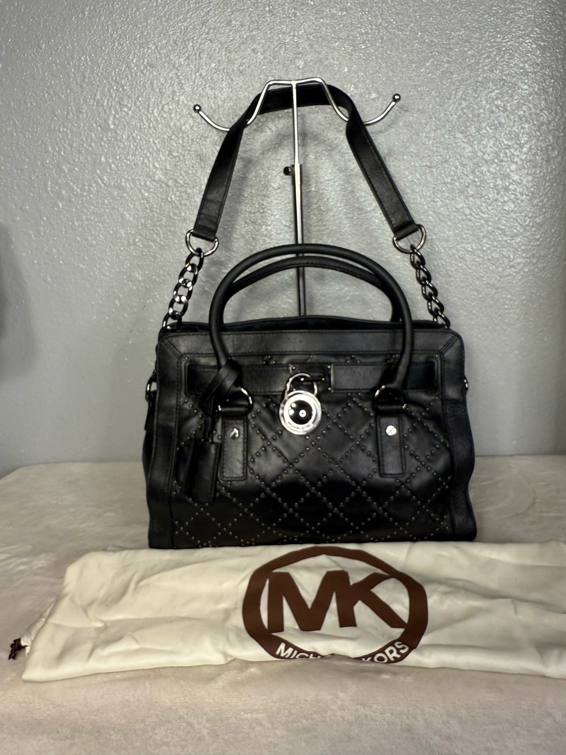 Michael Kors Black Leather Gunmetal Micro Studded Hamilton