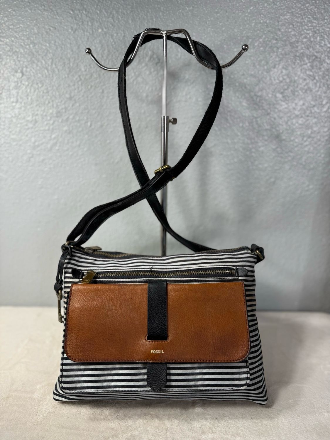 Fossil Canvas And Leather Striped Crossbody