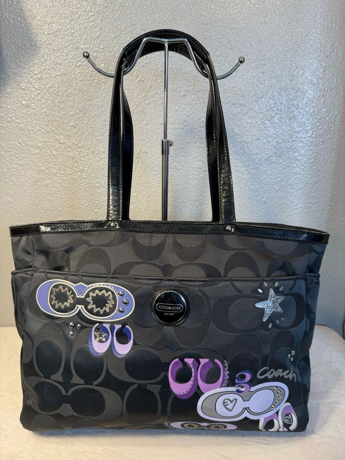 Coach Black And Purple Signature Jacquard Large Tote Bag