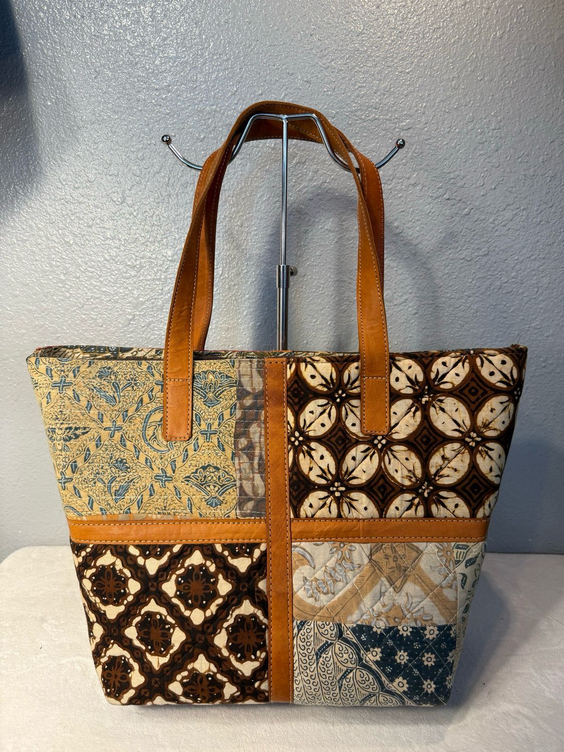 Unbranded Leather And Cloth Patchwork Structured Tote