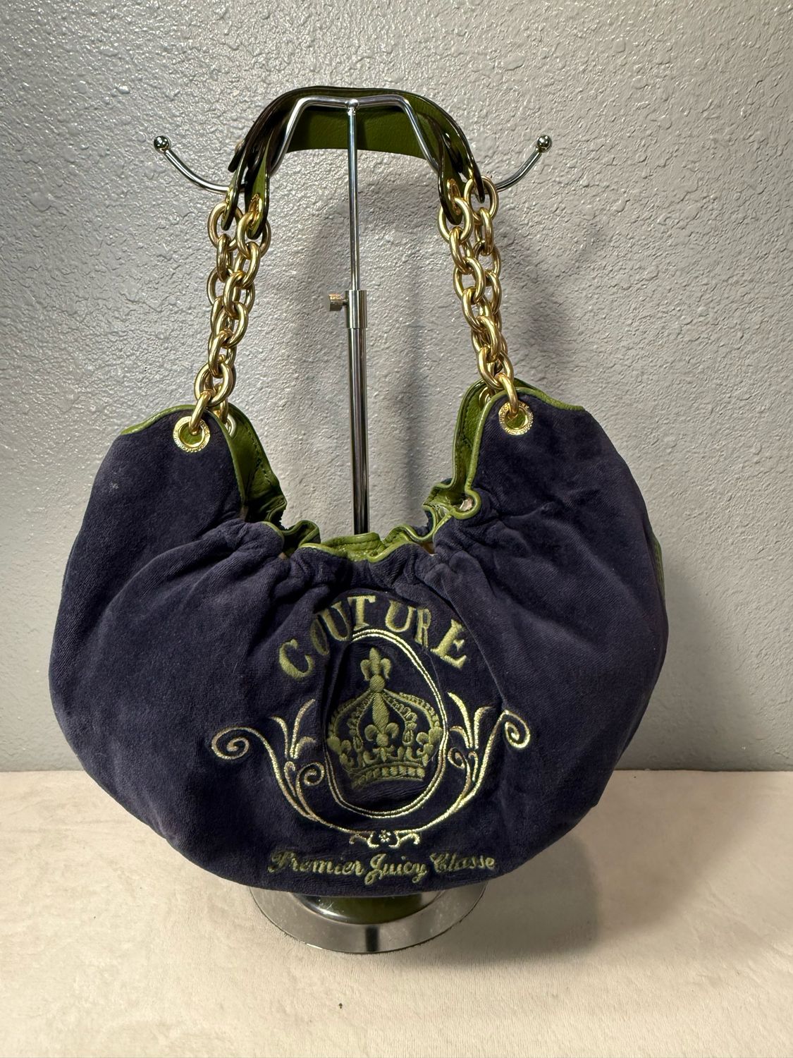 Juicy Couture Vintage Blue Velour Green Leather Shoulder Bag
