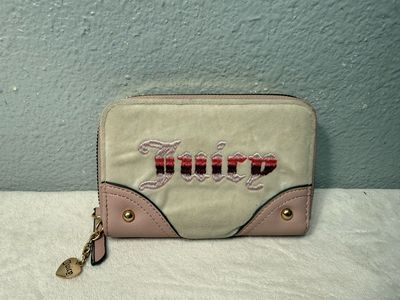 Juicy, Couture, Ivory, Velour, Vegan Pink, Leather Double Zip Compact Wallet