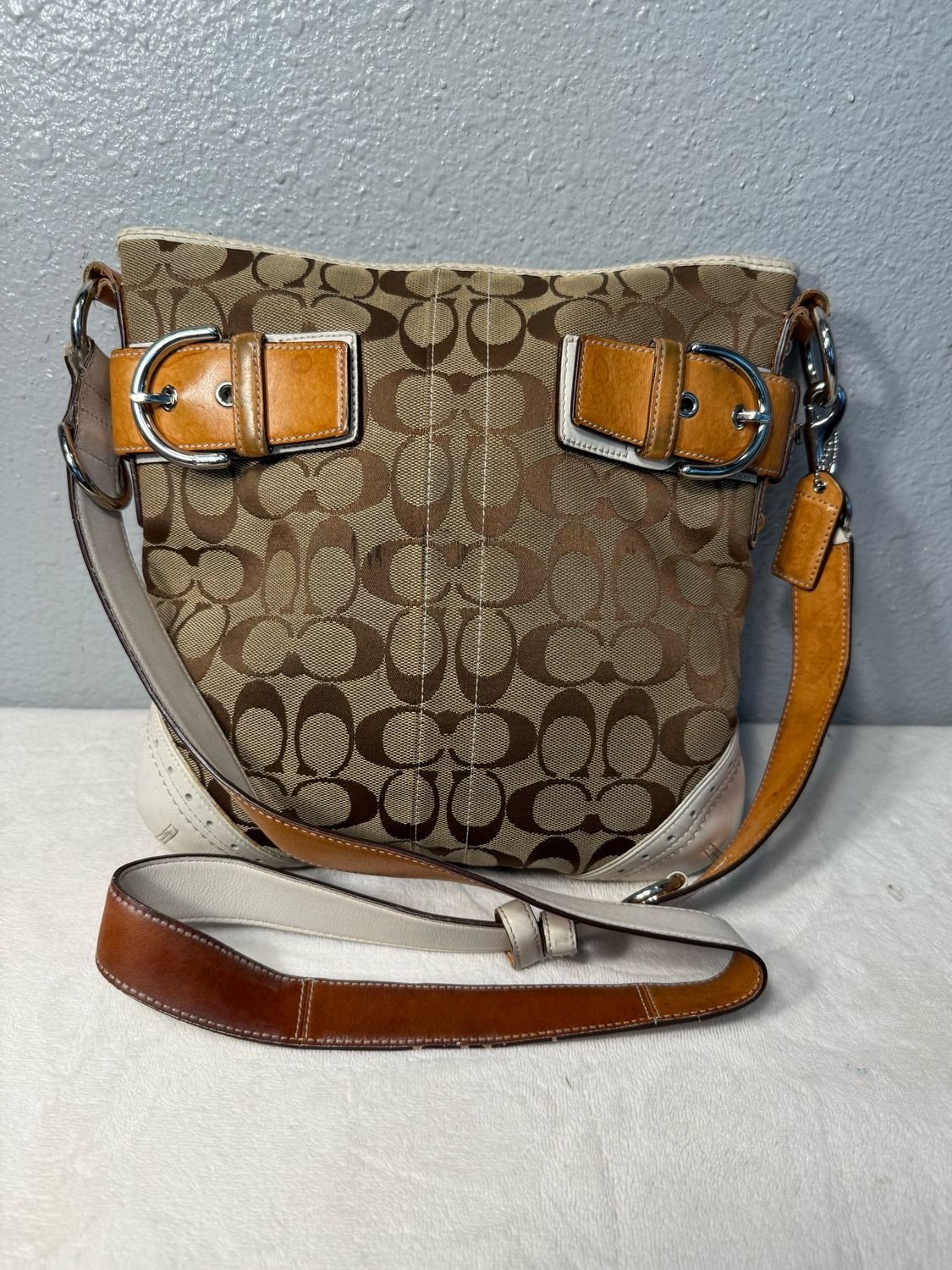 Coach Vintage Brown Jacquard Tan White Leather Shoulder Bag/Crossbody