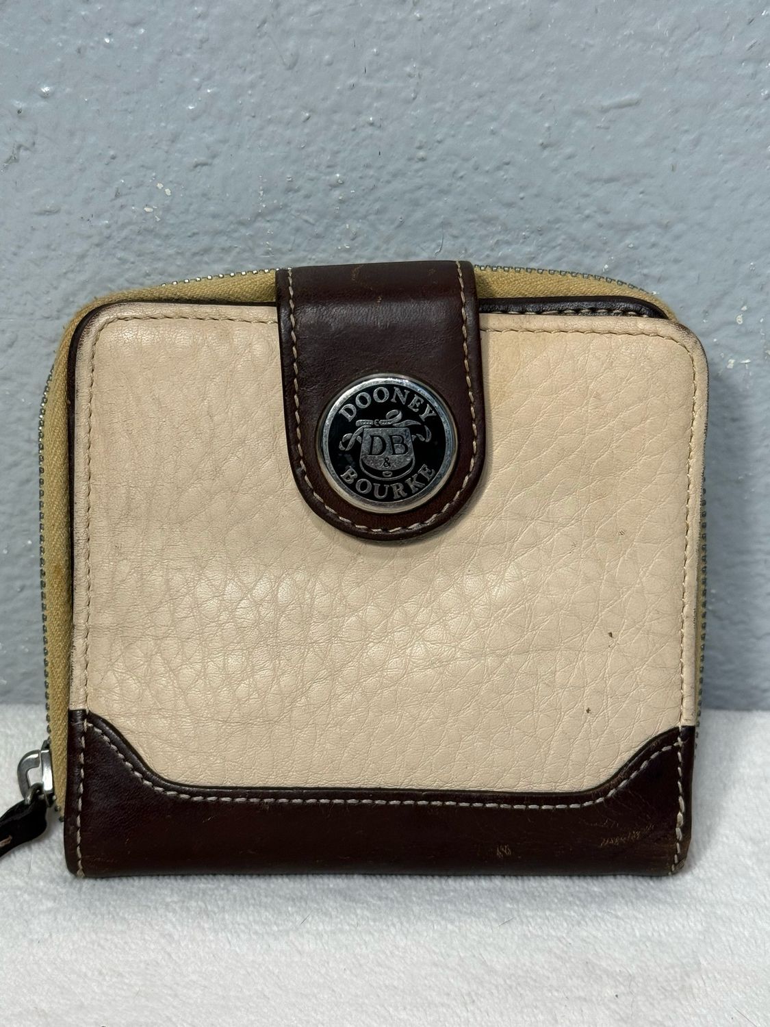 Dooney, &amp; Bourke Cream And Brown, Leather Compact Wallet