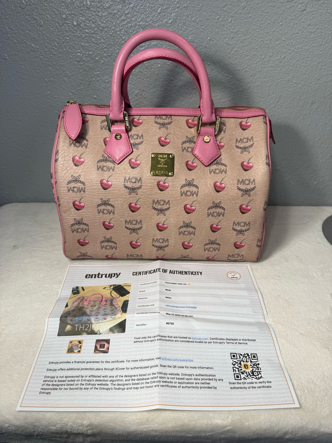 MCM AUTHENTIC Taupe And Pink Cherries, Boston Bag