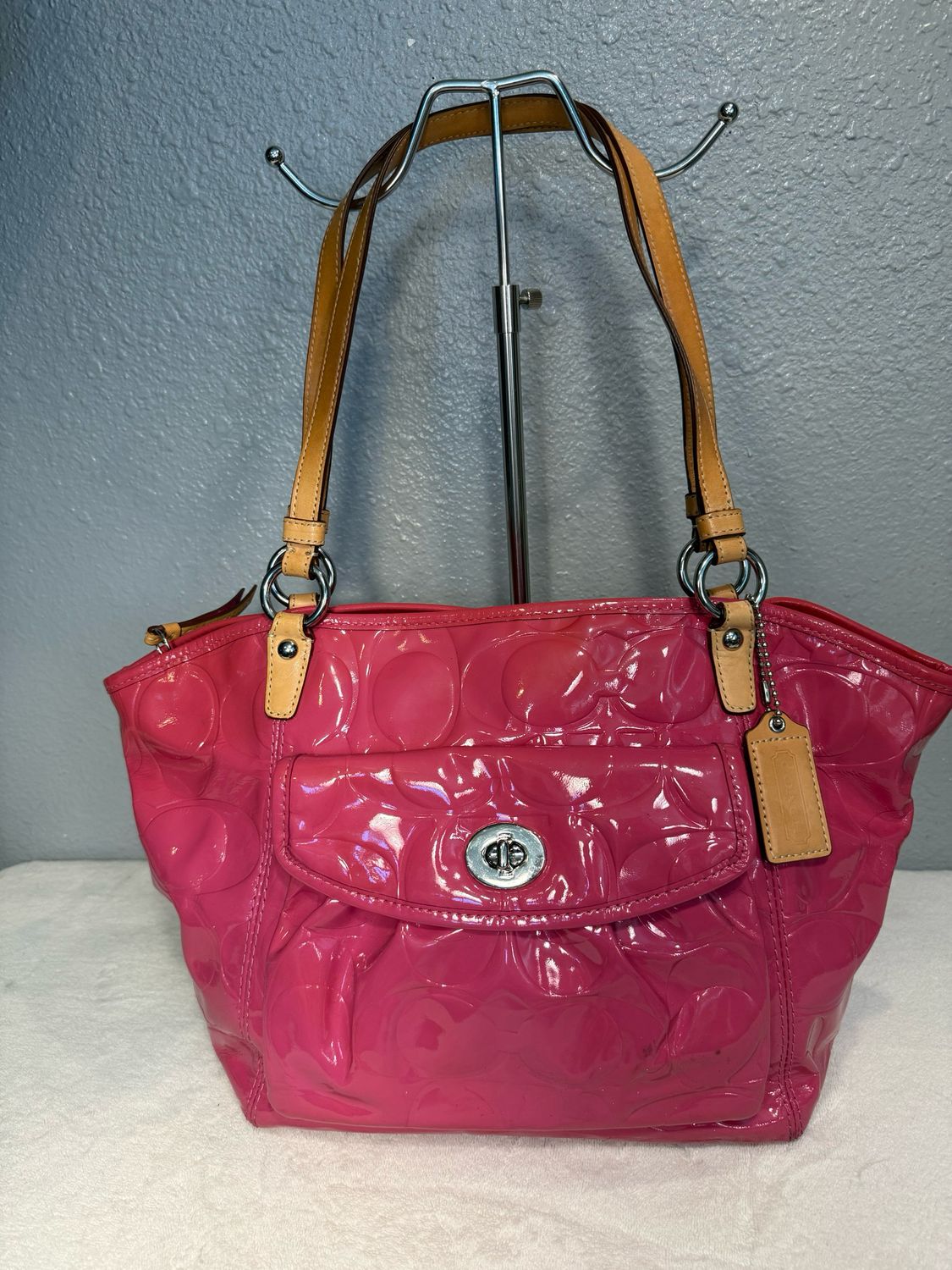 Coach Pink Patent Leather Embossed Signature C Tote Bag