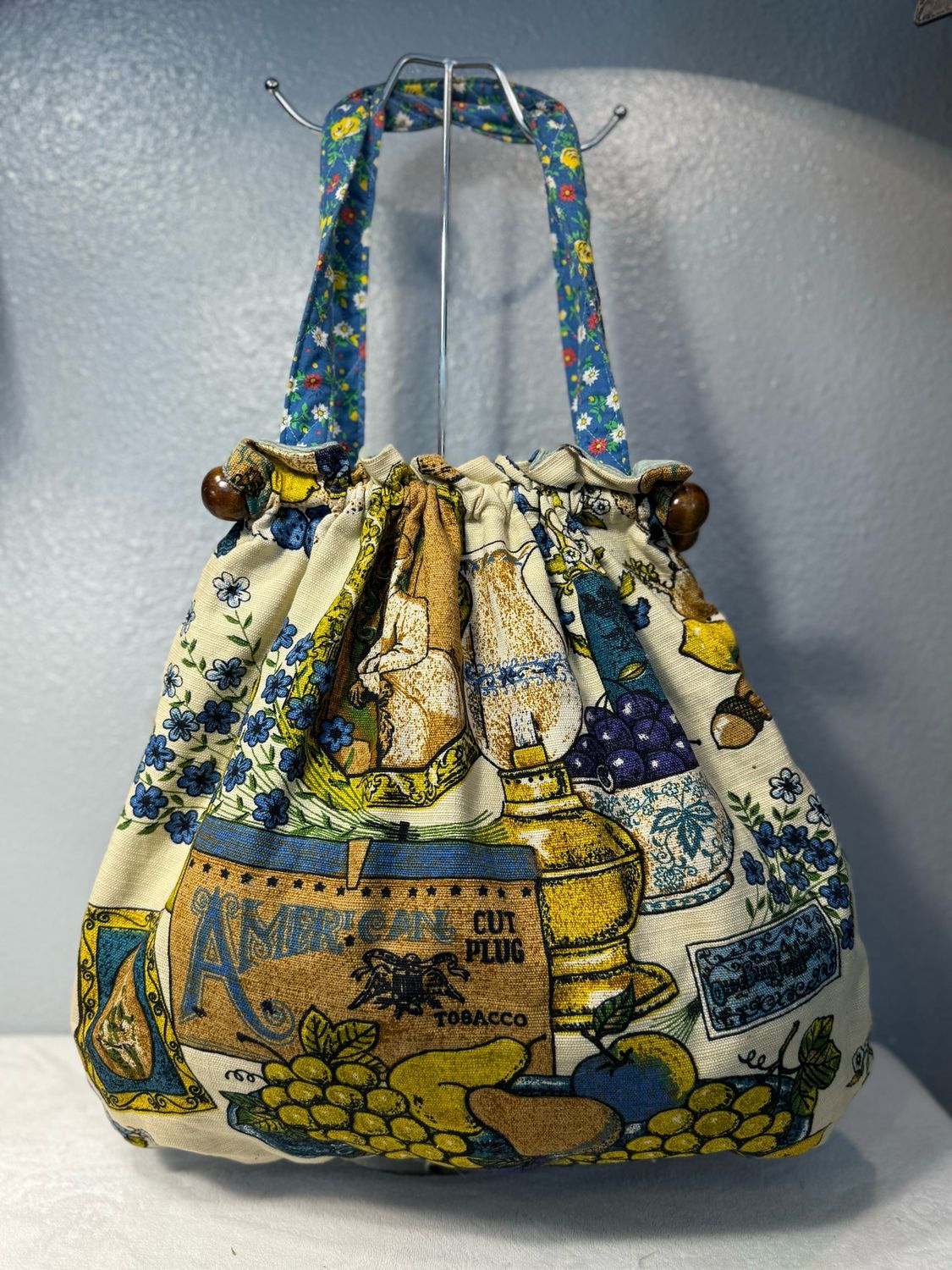 American Vintage 1970’s Wooden Dowel Tapestry Tote