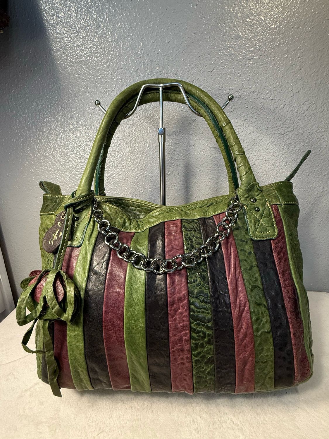 Sofia C Green Leather Patchwork East West Tote NWOT!