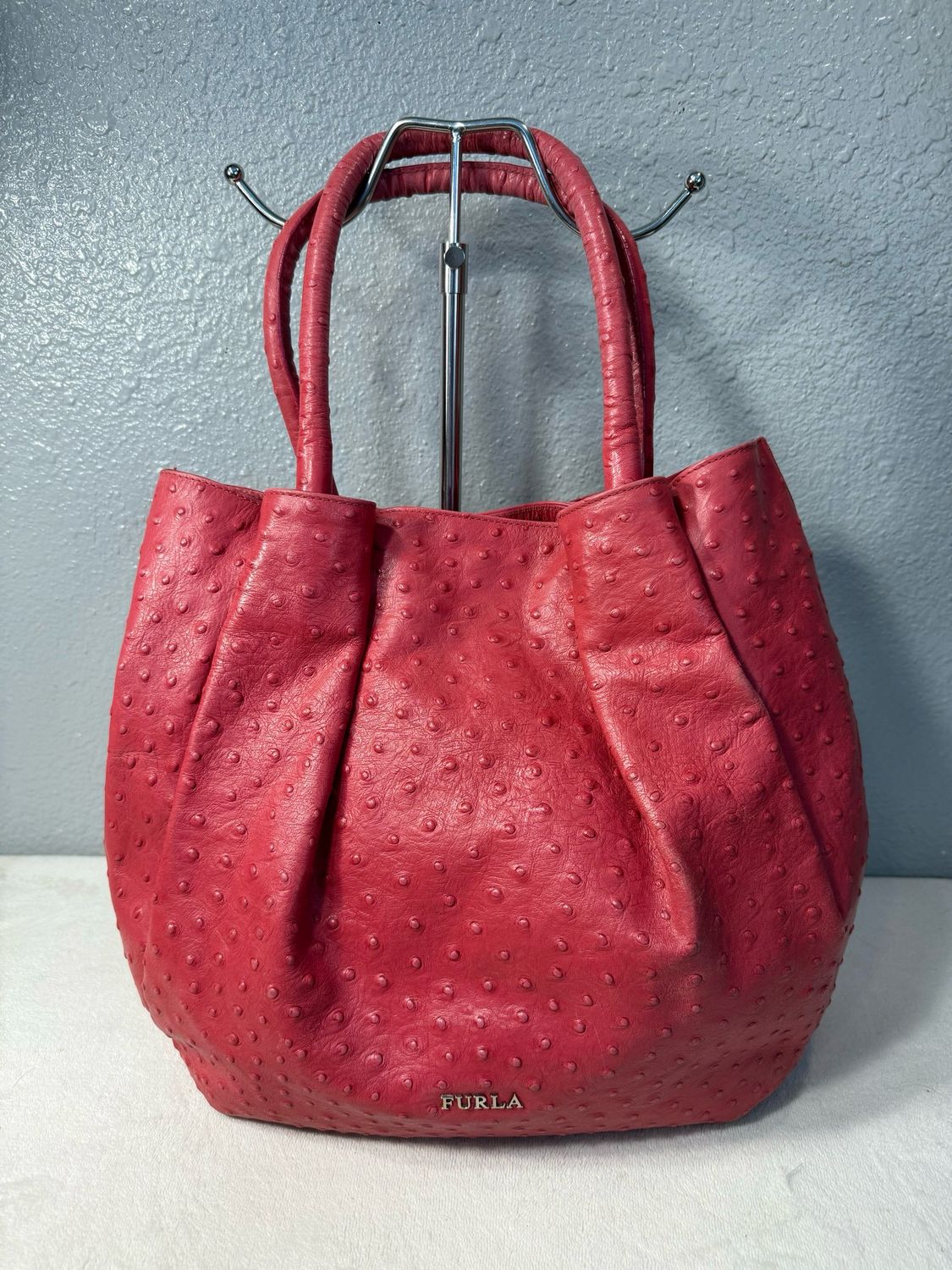 FURLA Pink Ostrich Leather Shoulder Bag