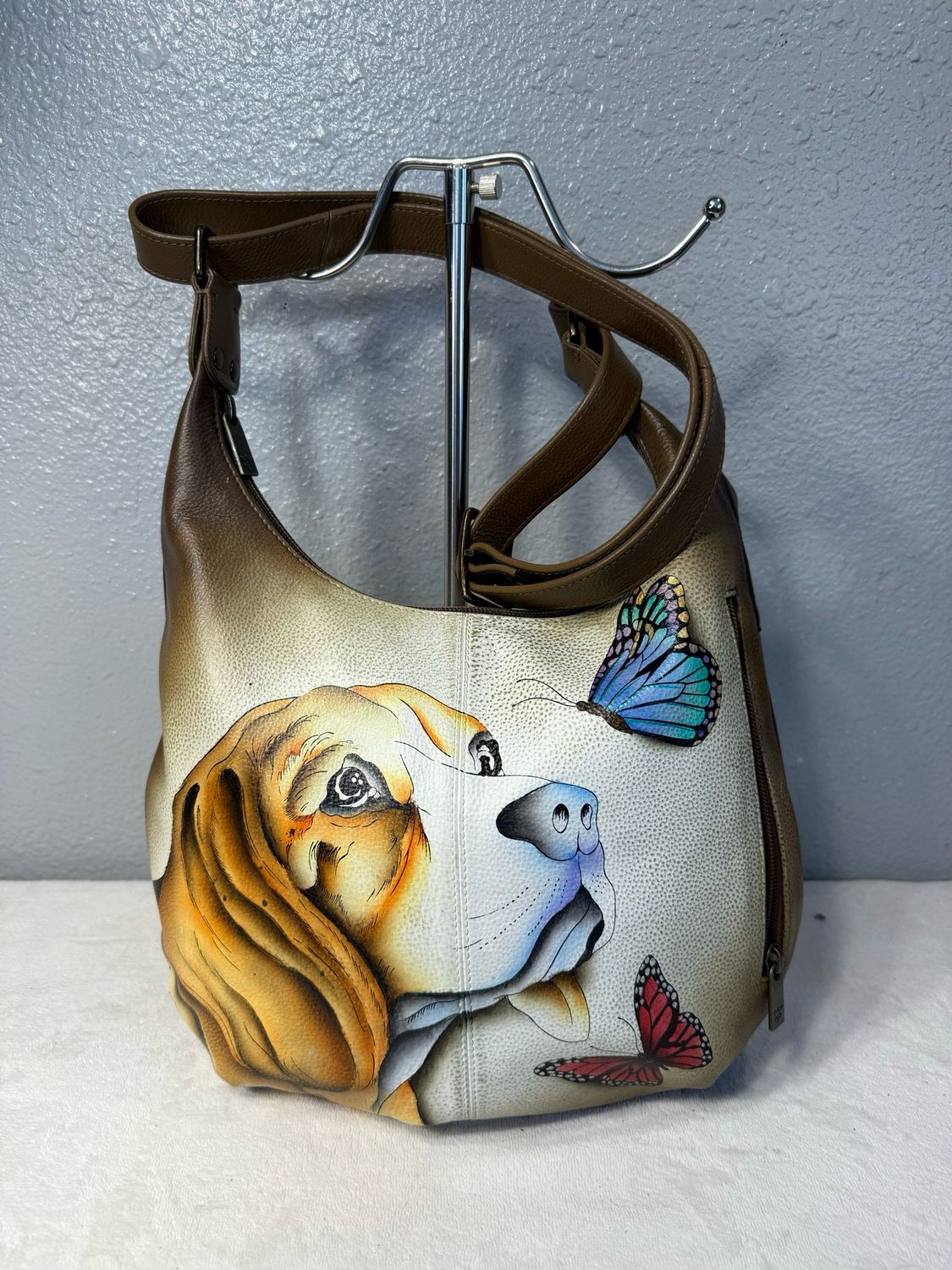 Anuschka Leather Puppy And Butterfly Crossbody Hobo Bag NWOT! $220 Online!