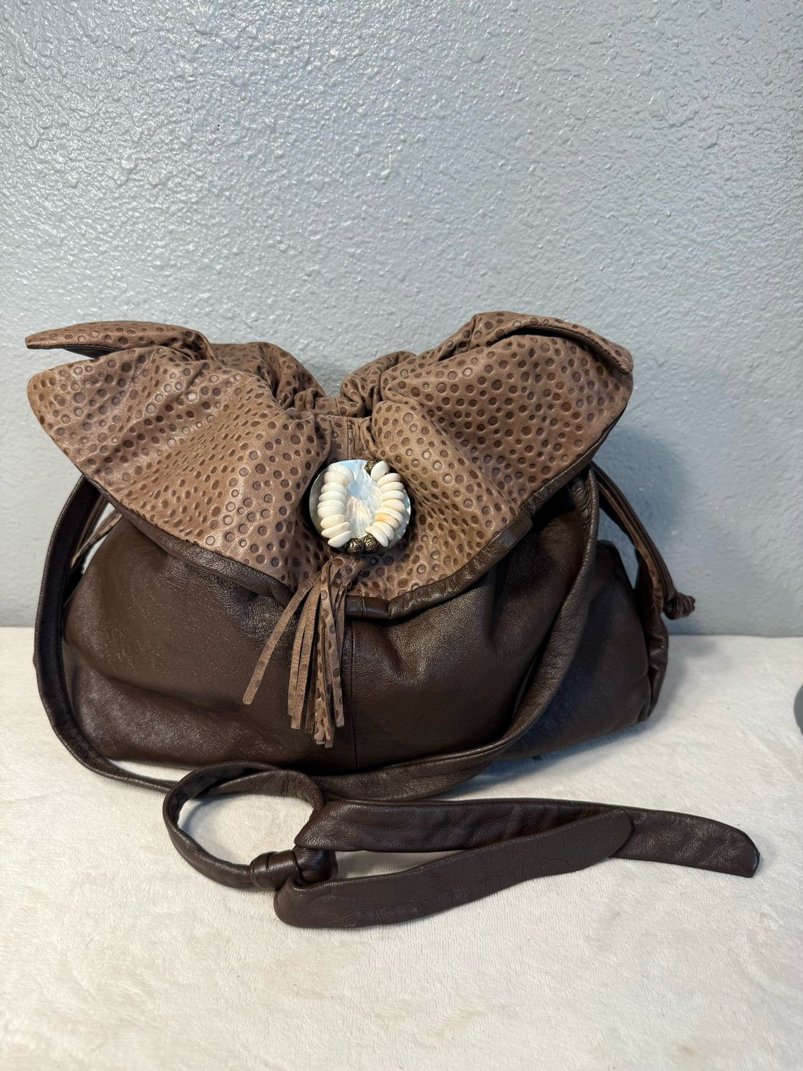 Vintage 1970s brown leather and mother of pearl Crossbody or shoulder bag LIKE NEW!