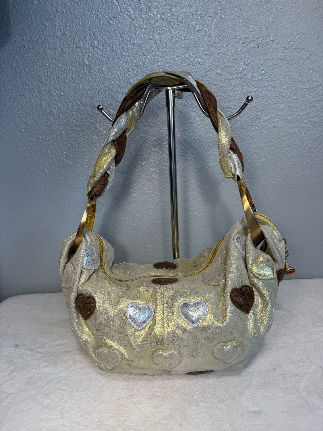 Babee D Vintage Metallic Leather Hearts Y2K Hobo NWOT!