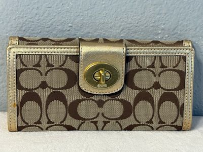 Coach, Brown, Jacard, And Gold Metallic Leather Twist Lock Long Wallet NWOT!
