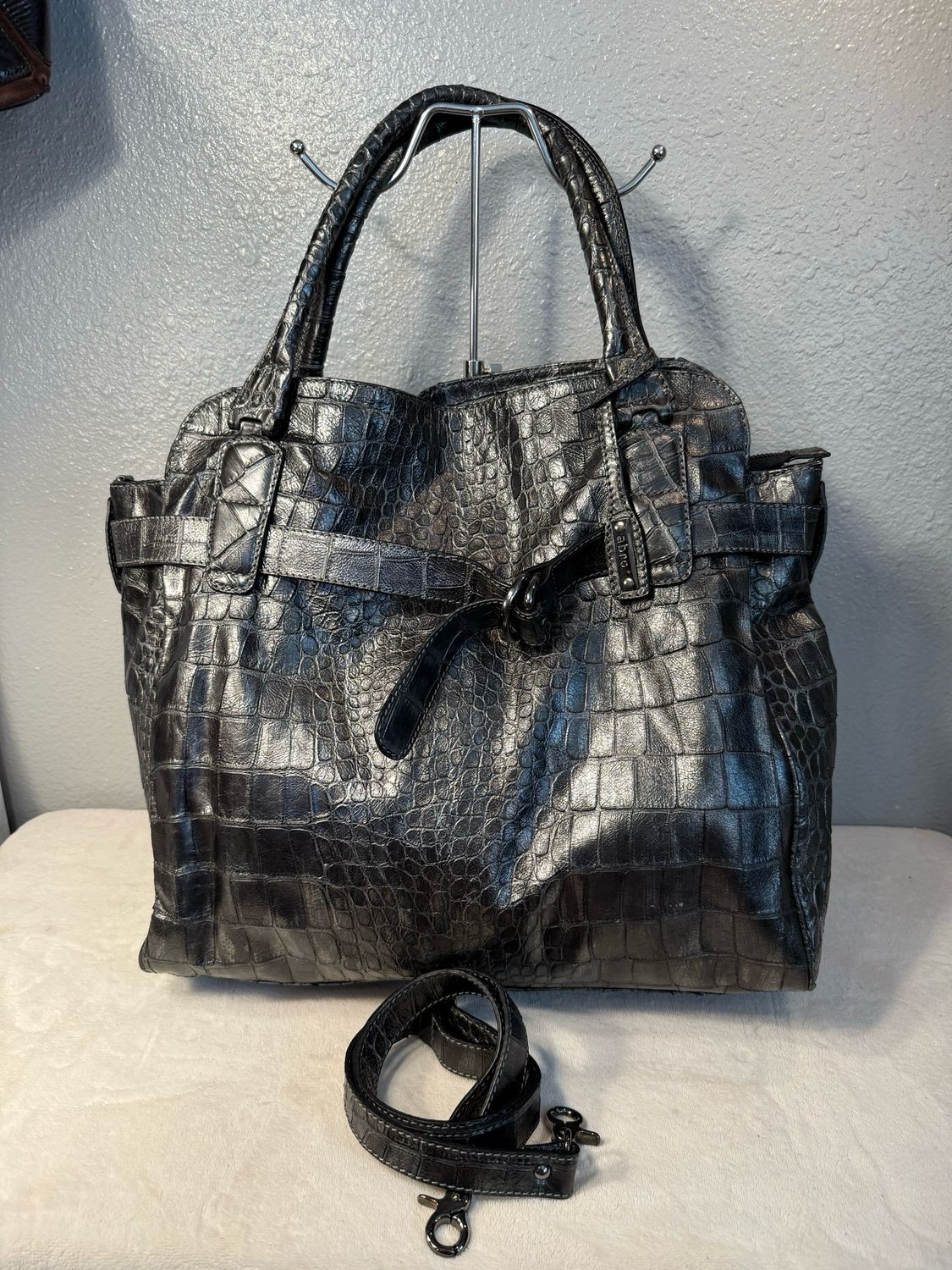 Abro Made In Romania Gunmetal Leather Large Tote - Crossbody NWOT!