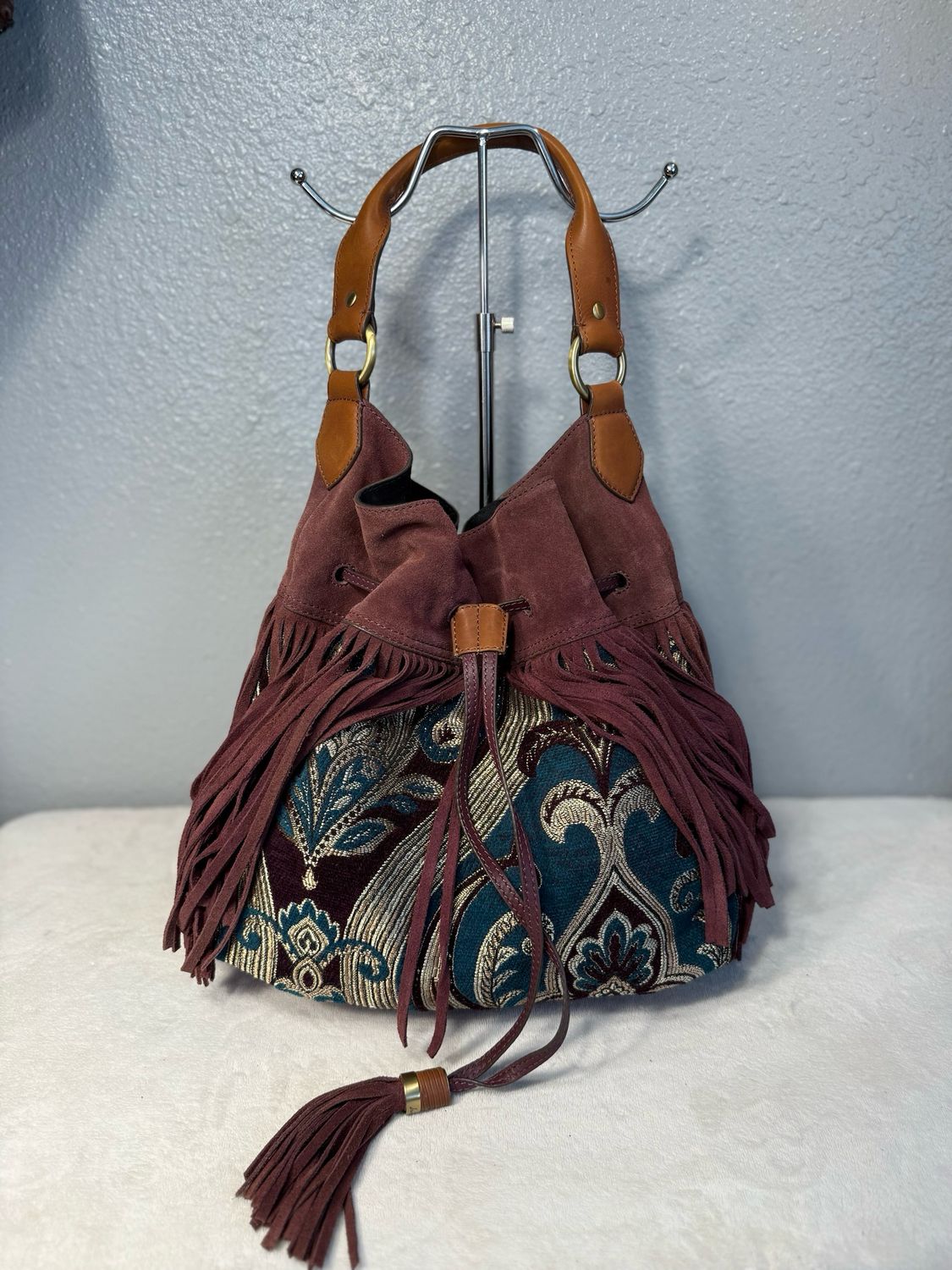 Sam Edelman RARE Plum Fringe And Teal Tapestry Bucket Shoulder Bag NWOT!