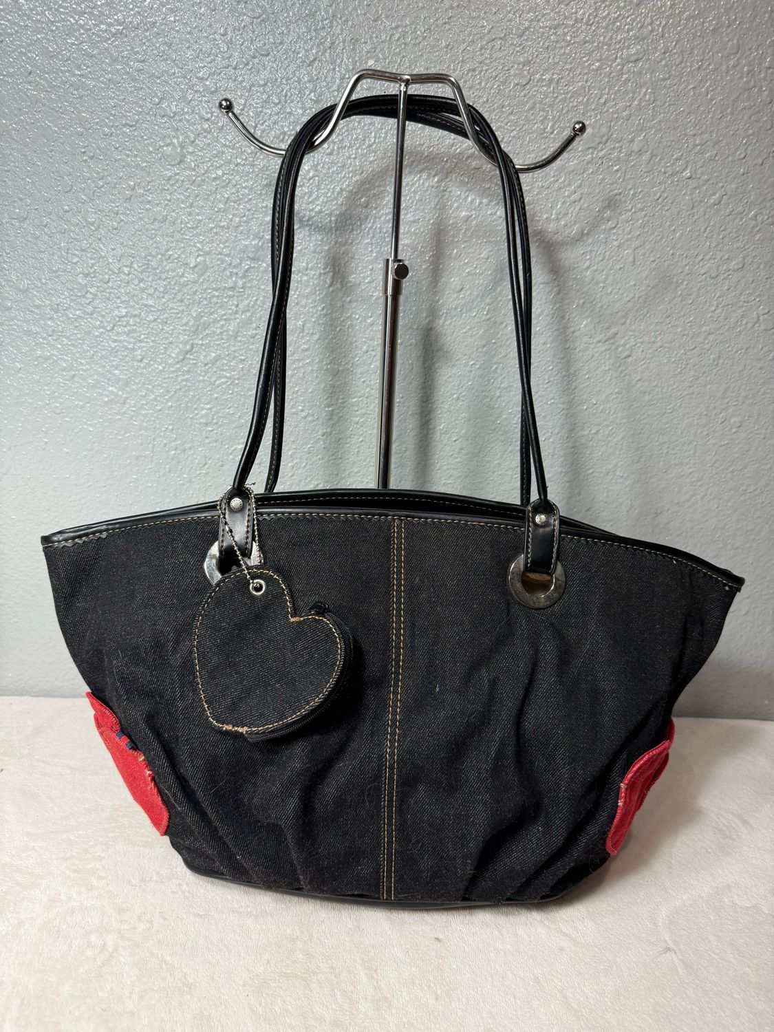 Tommy Hilfiger, Black Denim And Leather Red Heart Pocket Tote NWOT!