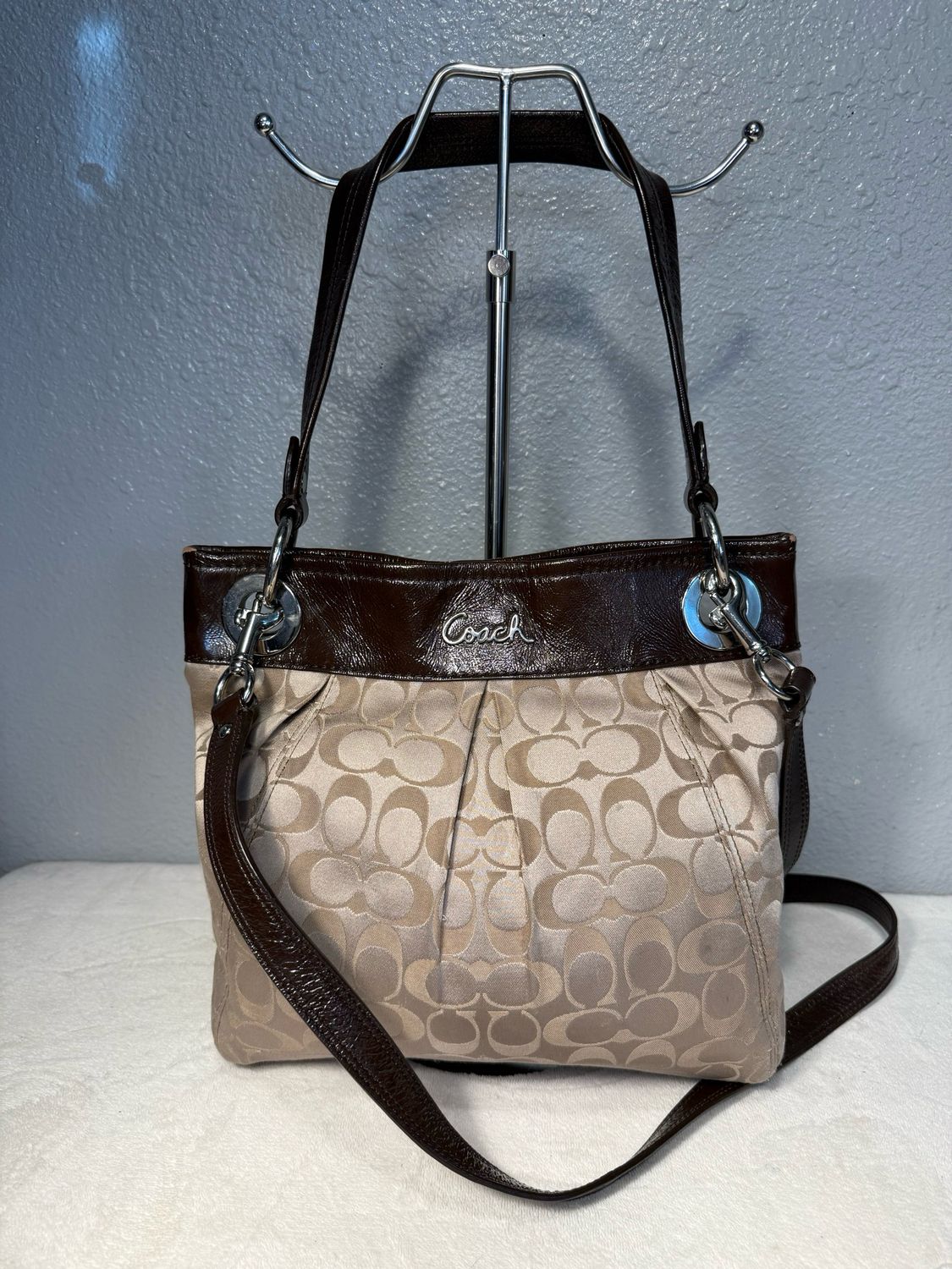 Coach Tan Satin And Brown Leather Trim Hobo/Crossbody