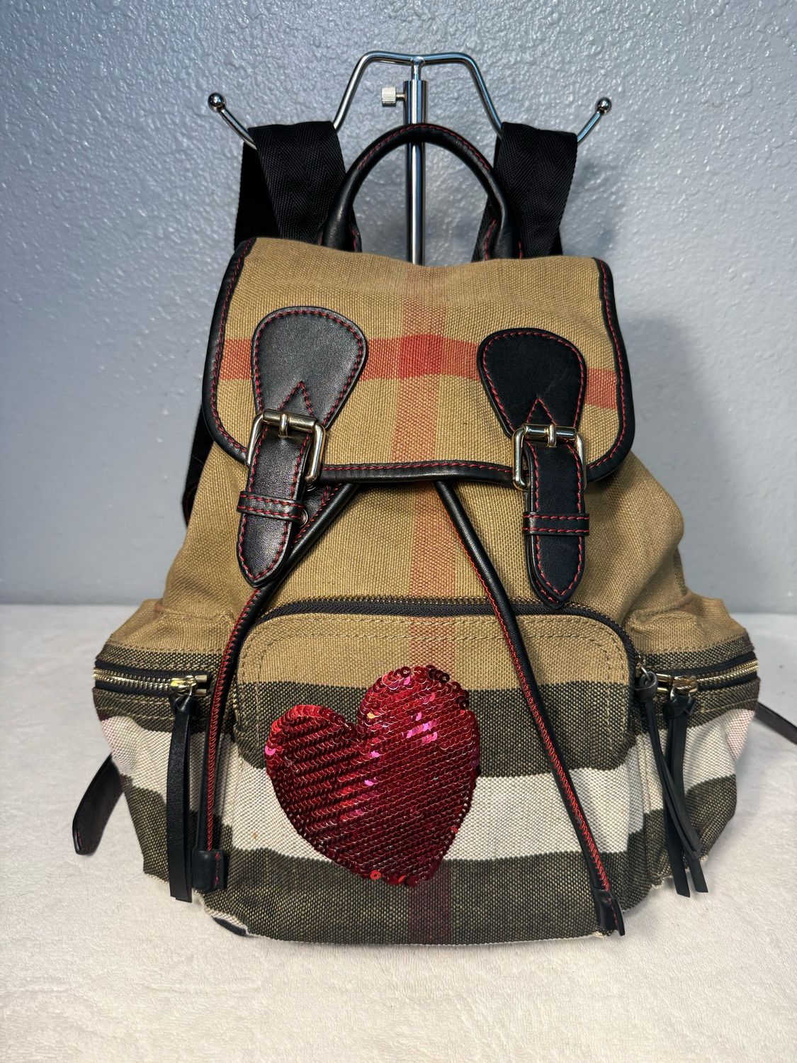 Burberry, AUTHENTIC Rare Canvas And Leather Red Sequin Heart Backpack Purse NWOT!