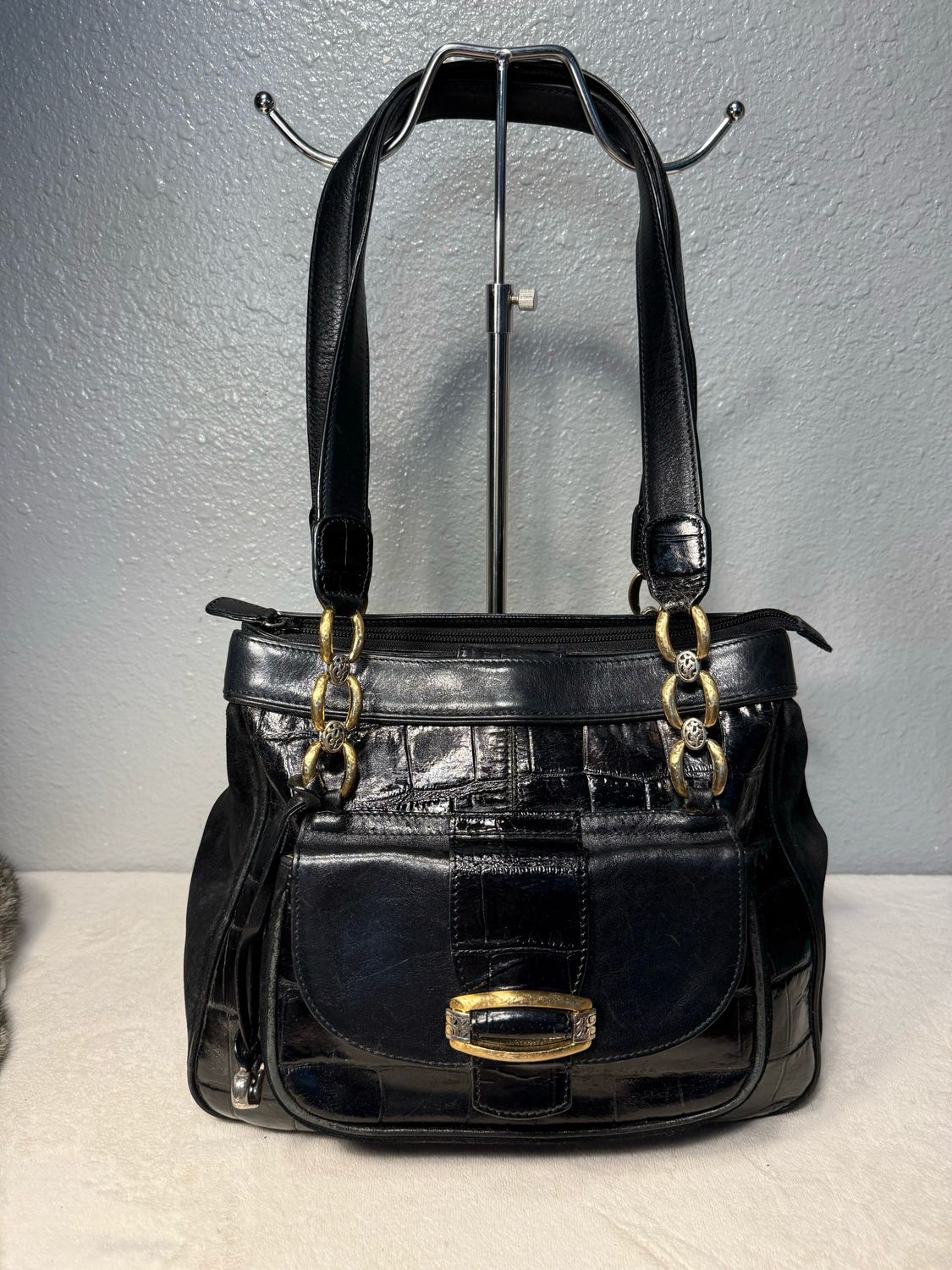 Brighton, Black Crock, Embossed, Leather And Black Suede Tote