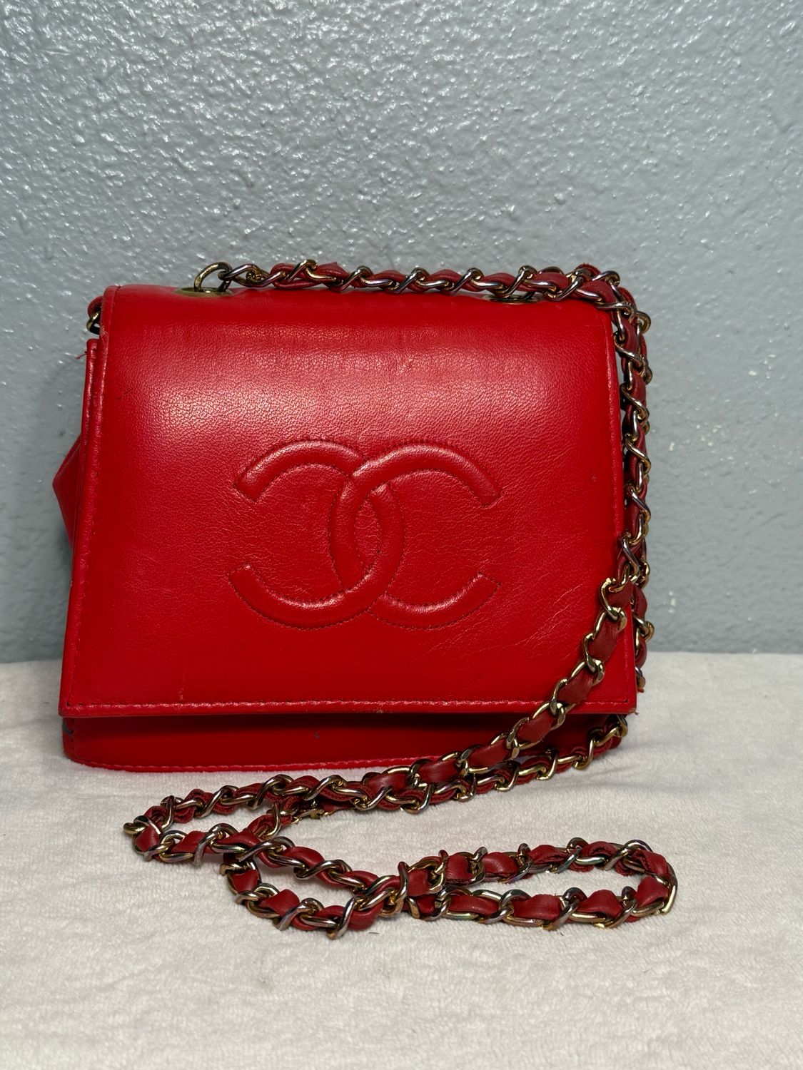 Chanel Inspired Vintage Cherry Red Leather Crossbody