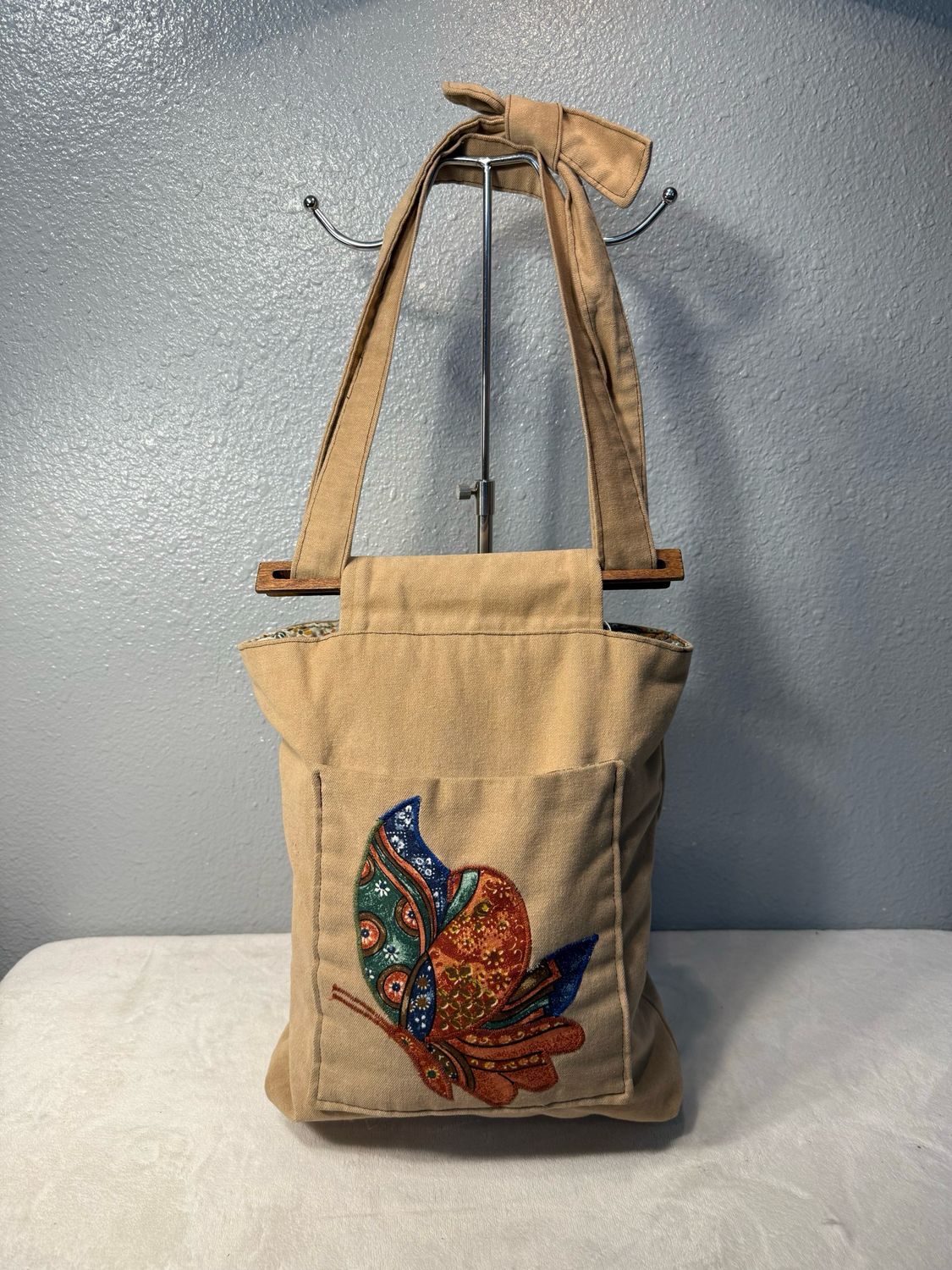 1970S Vintage Handmade Patchwork, Butterfly Bag With Wood On Handles