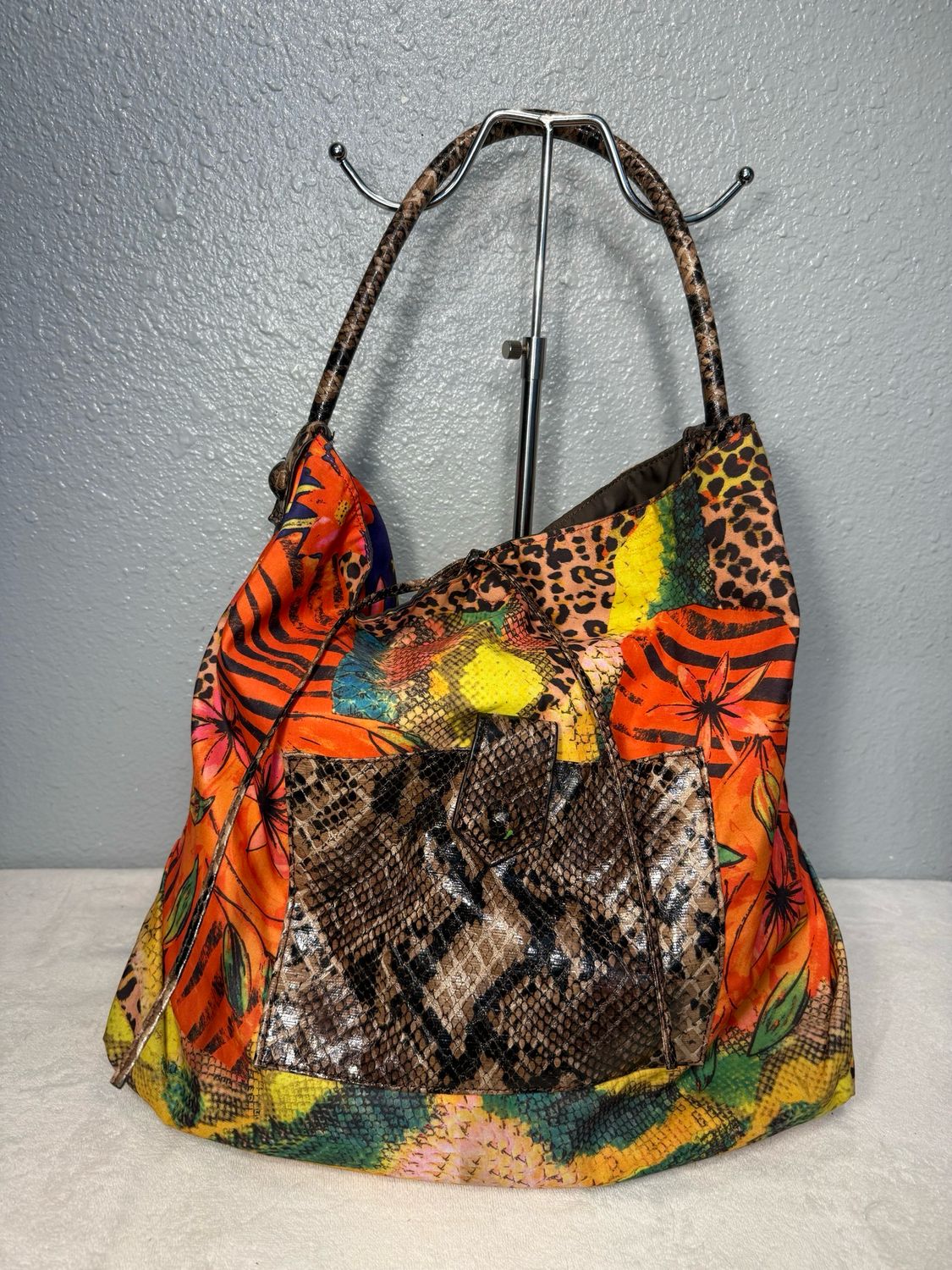 Falchi Leopard Floral Cotton And Leather Hobo