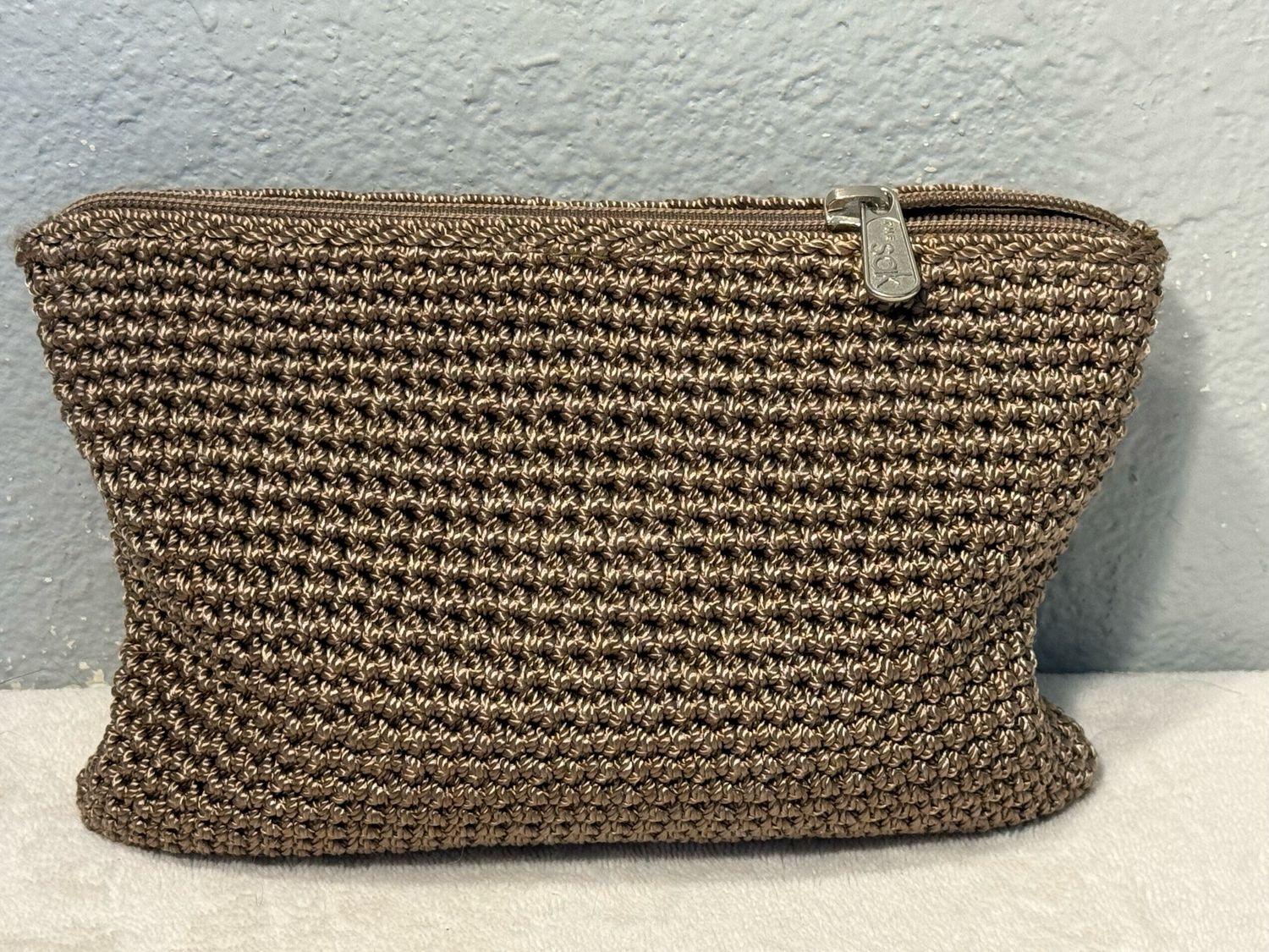 The SAK Taupe Crochet Catch all Cosmetic Pouch Clutch NWOT!