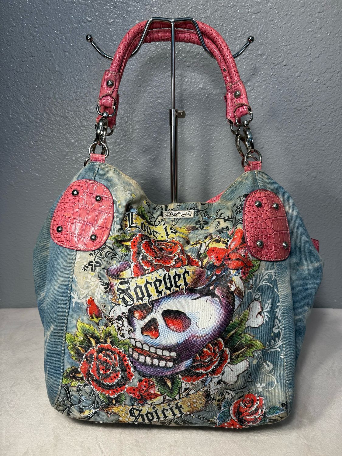 Ed Hardy Y2K Washed Denim Bag With Crystals